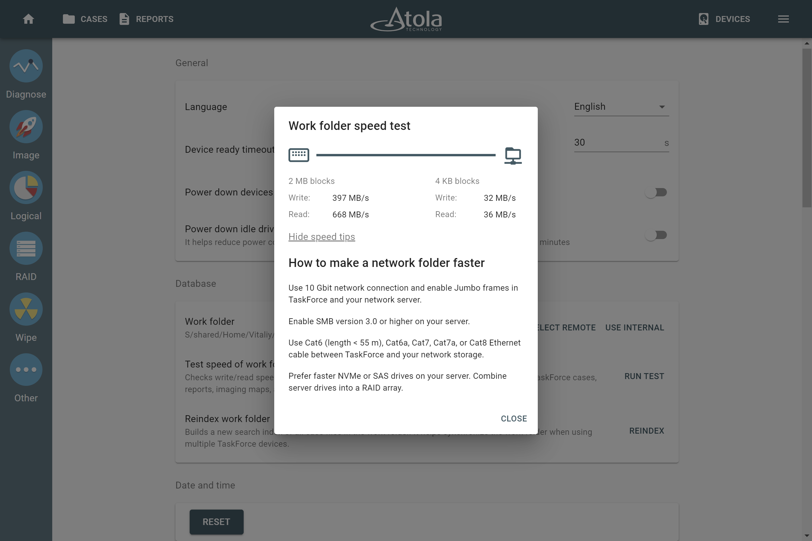 Work folder speed test in Atola TaskForce