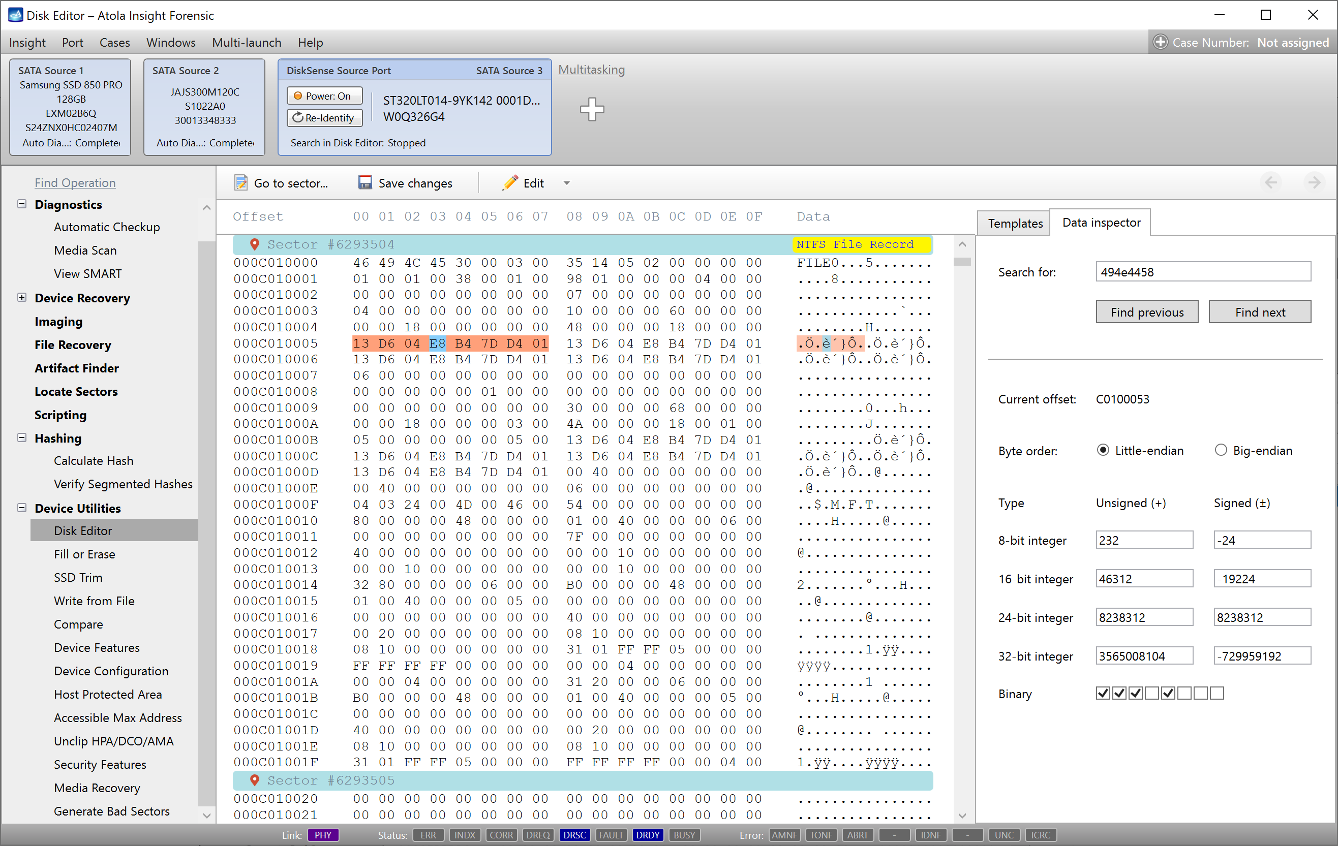 Data inspector tab in the Disk editor.