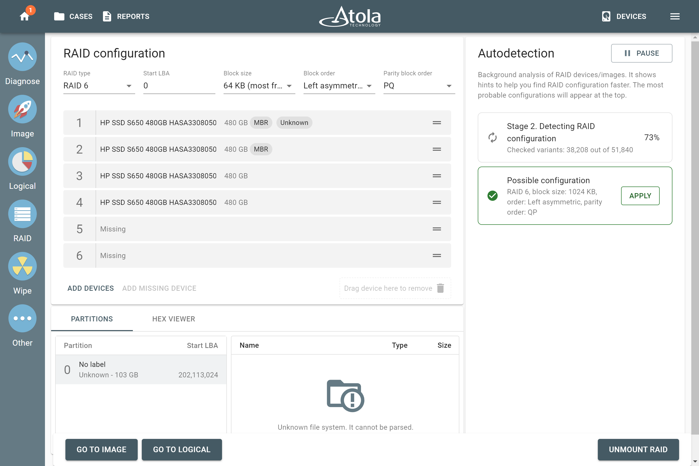 RAID 6 autodetection with two missing devices in Atola TaskForce 2023.10.