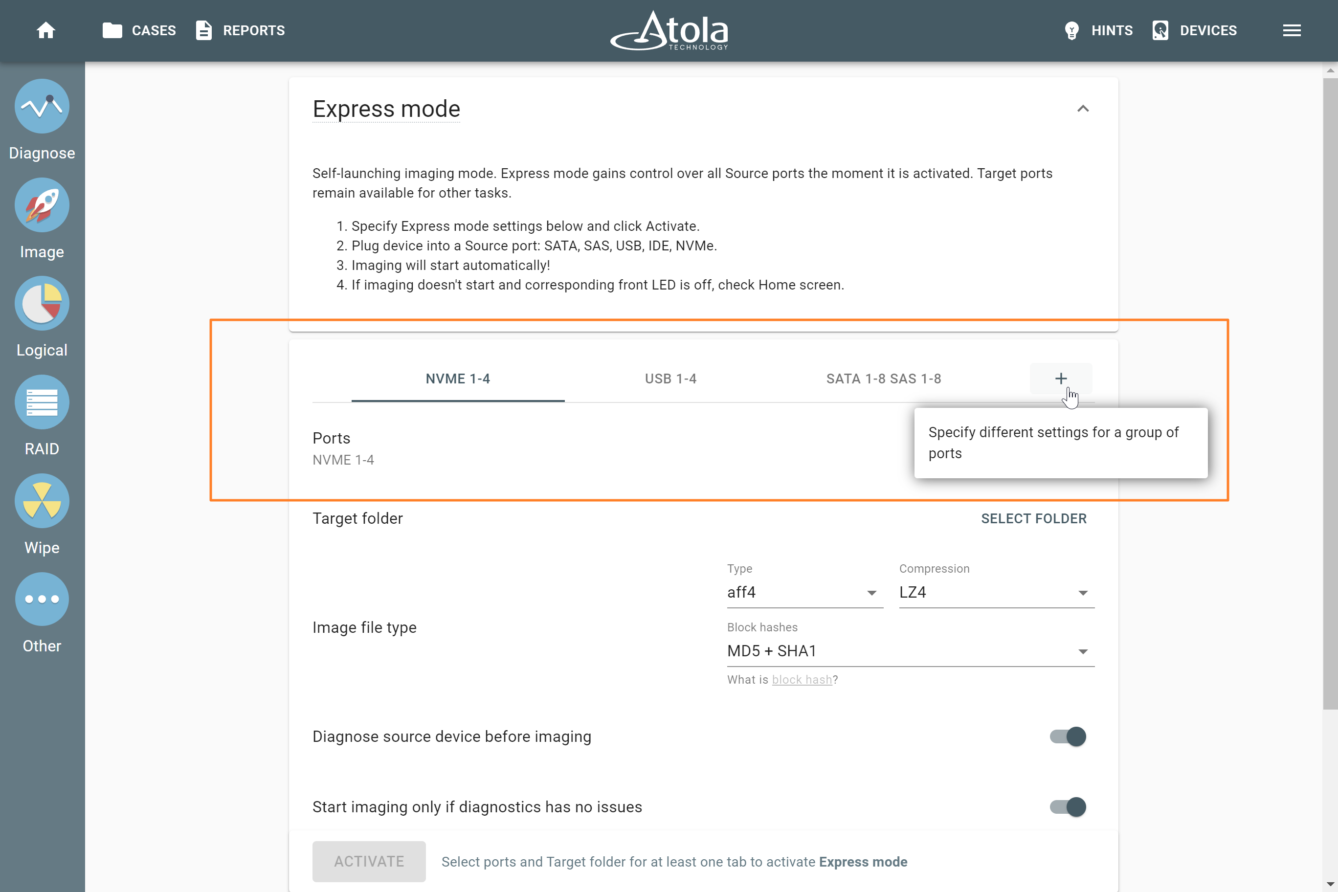 Adding port groups with different settings for Express mode in Atola TaskForce.