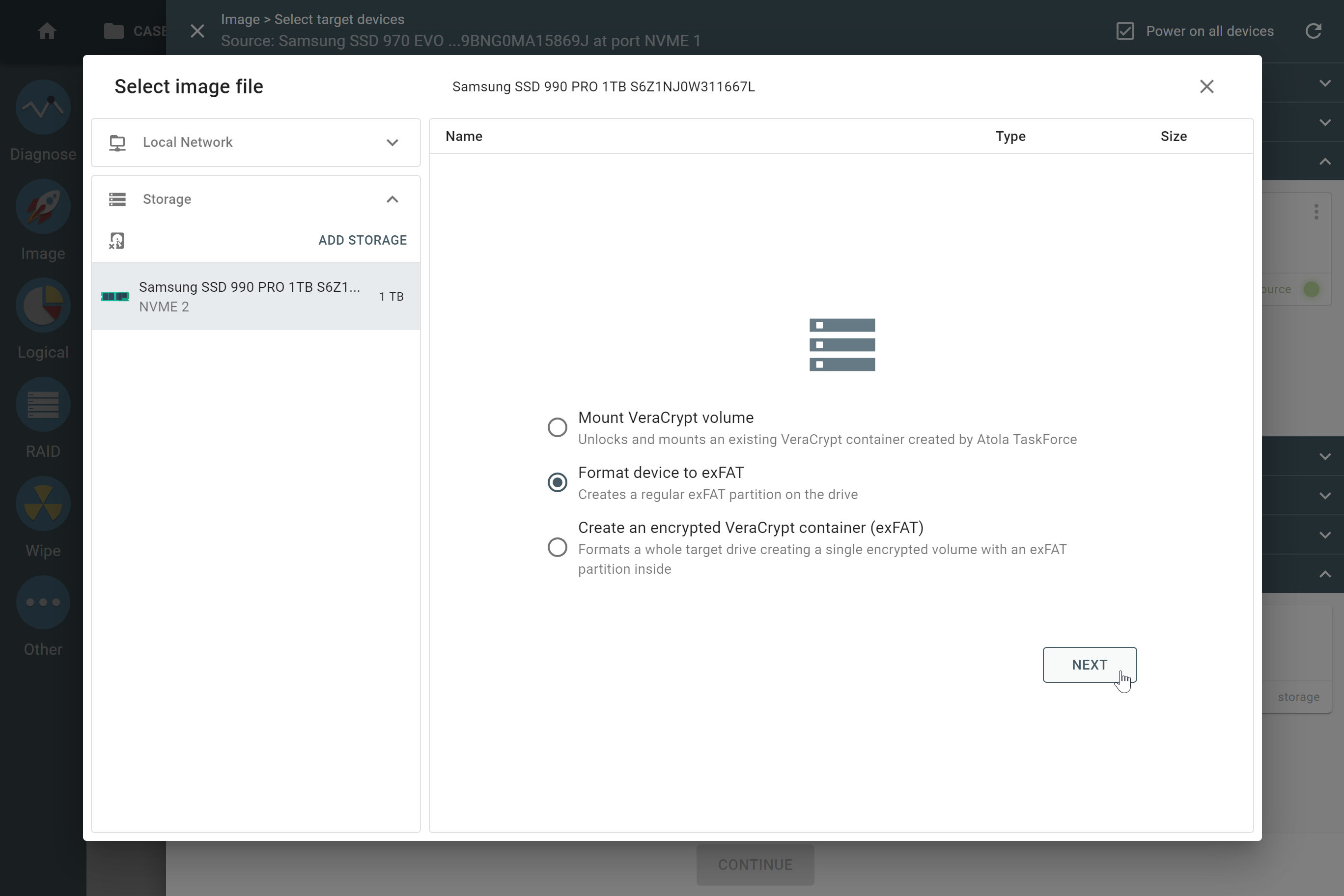 Creating a storage on the target drive.