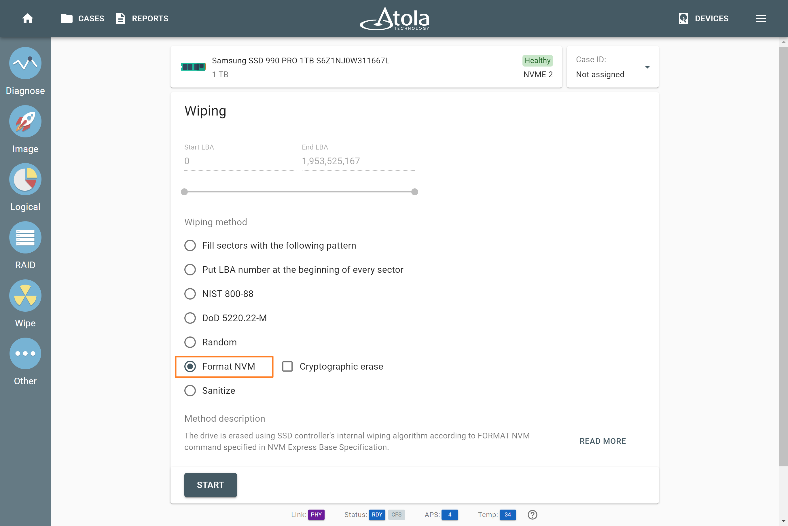 An option to wipe the target storage drive using the Format NVM method.