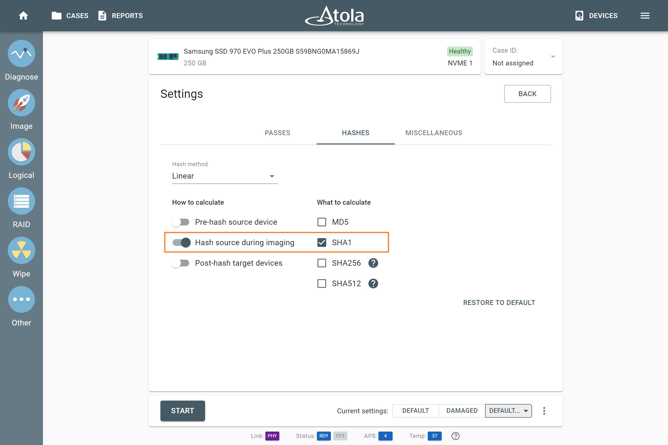 An option to calculate the SHA1 hash during the imaging process.