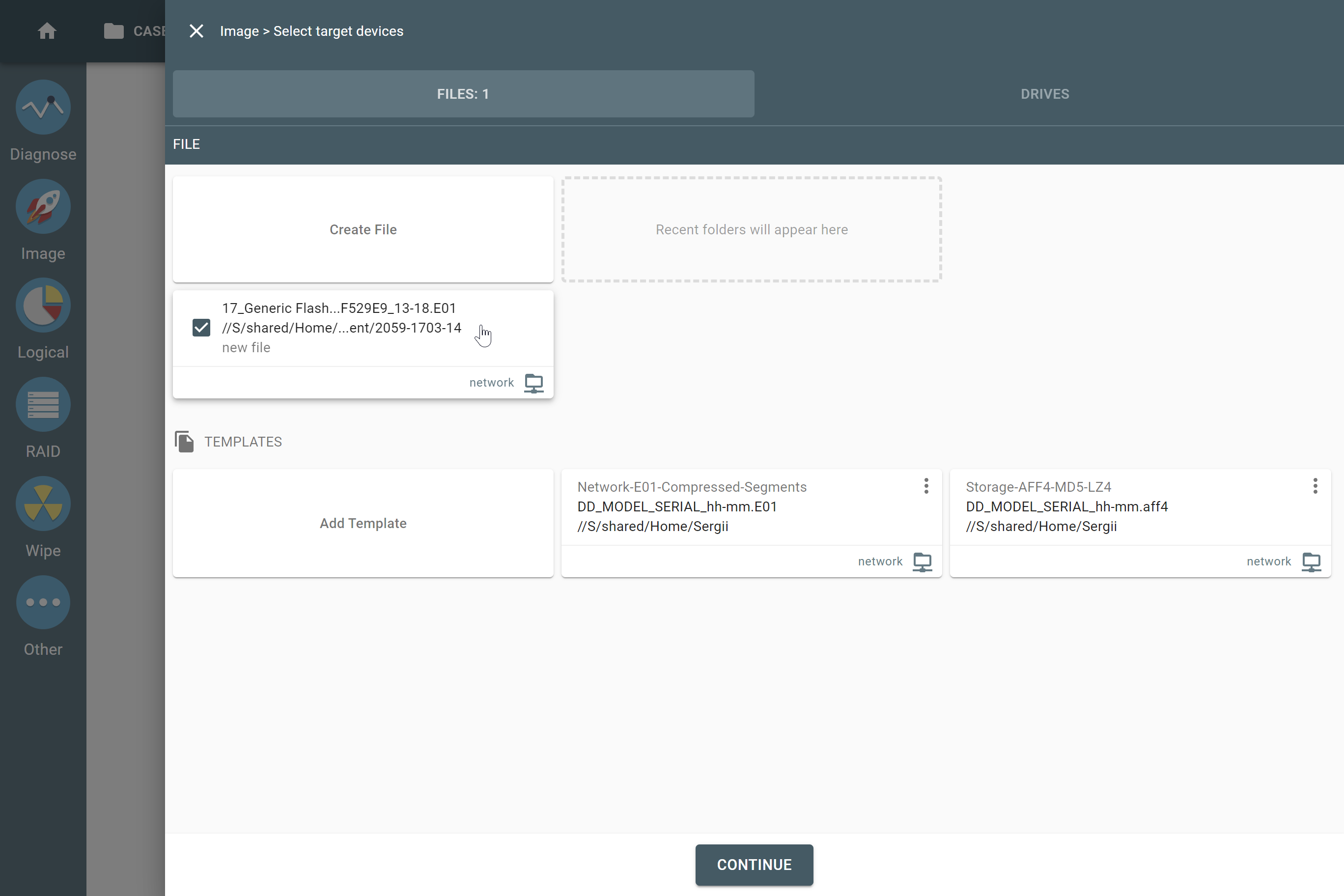 A target file created using a template in Atola TaskForce.